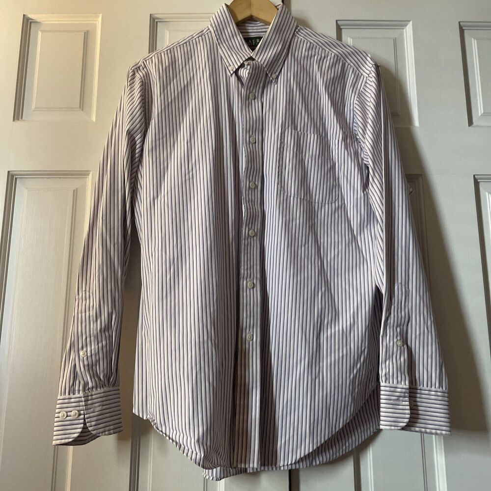 LAUREN Ralph Lauren Men's Dress Shirt 16 34/35 Pink Blue Stripe Non-Iron Cotton